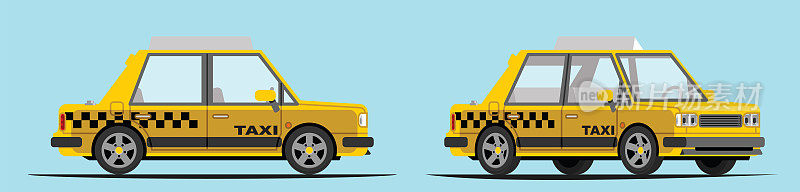 简单的黄色出租车，侧视图和3/4视图